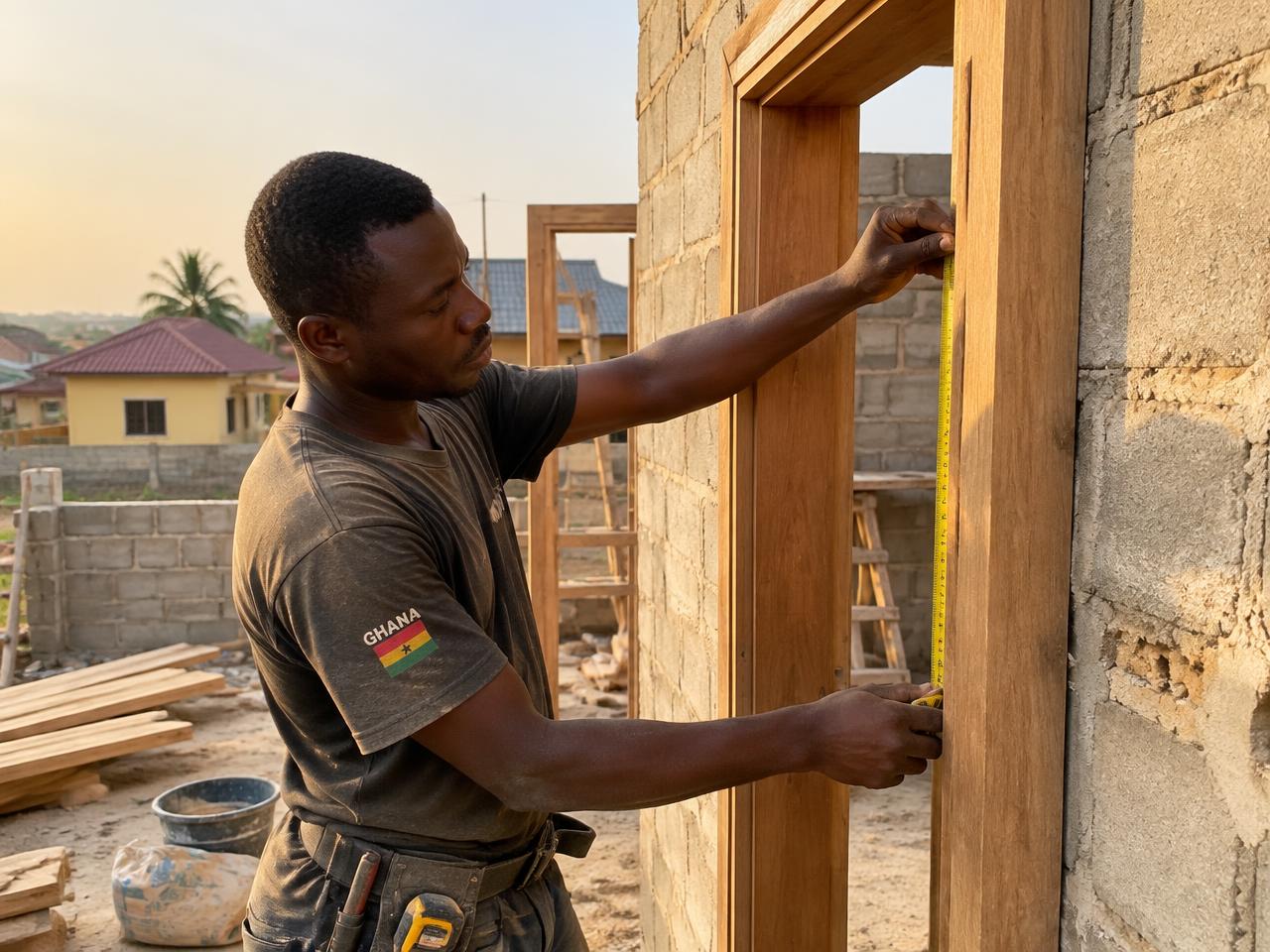 A carpenter measuring a new wooden door frame on a building site